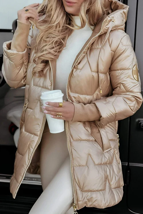 Damen Glänzende Steppjacke mit Kapuze, Kordelzug und leicht tailliertem Schnitt Nord Taschen