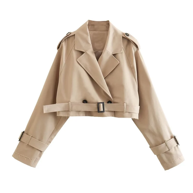 Damen Gekürzte Trenchjacke mit Taillengürtel, Schulterklappen und verstellbaren Ärmelriemen Nord Taschen