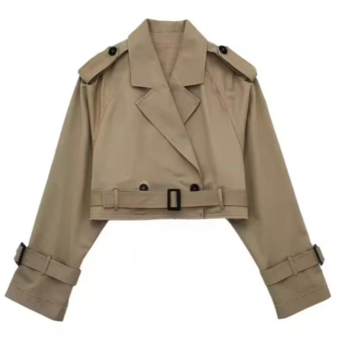 Damen Gekürzte Trenchjacke mit Taillengürtel, Schulterklappen und verstellbaren Ärmelriemen Nord Taschen