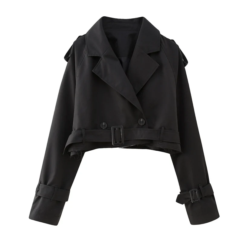 Damen Gekürzte Trenchjacke mit Taillengürtel, Schulterklappen und verstellbaren Ärmelriemen Nord Taschen