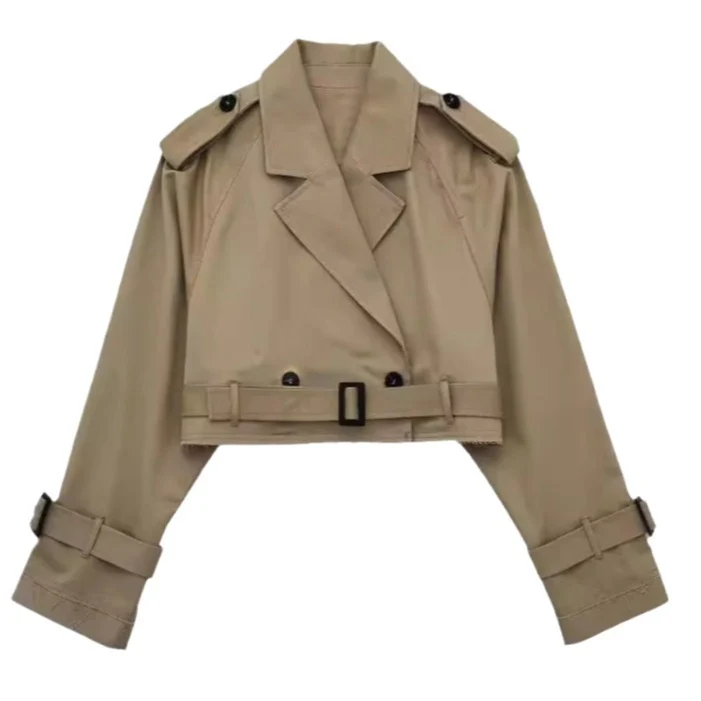 Damen Gekürzte Trenchjacke mit Taillengürtel, Schulterklappen und verstellbaren Ärmelriemen Nord Taschen