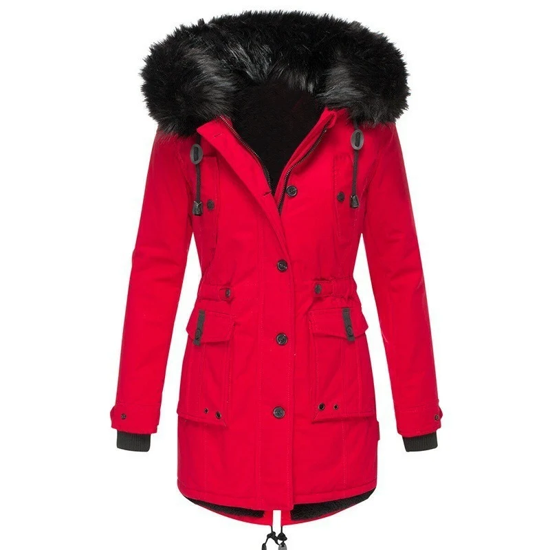 Damen Gefütterter Parka mit Kapuze und abnehmbarem Kunstpelzbesatz, taillierter Wintermantel Nord Taschen