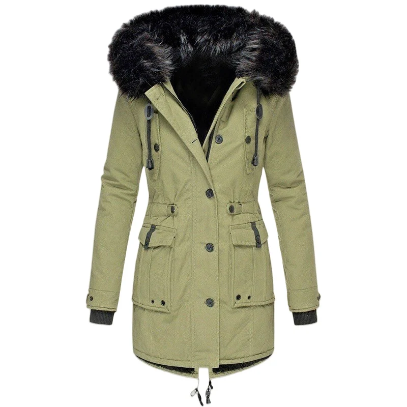 Damen Gefütterter Parka mit Kapuze und abnehmbarem Kunstpelzbesatz, taillierter Wintermantel Nord Taschen