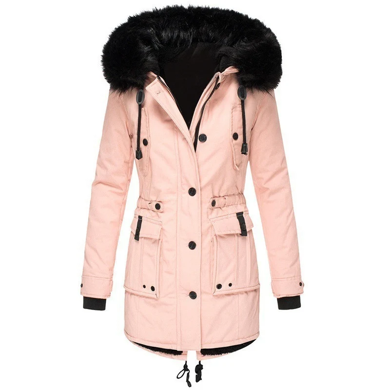 Damen Gefütterter Parka mit Kapuze und abnehmbarem Kunstpelzbesatz, taillierter Wintermantel Nord Taschen