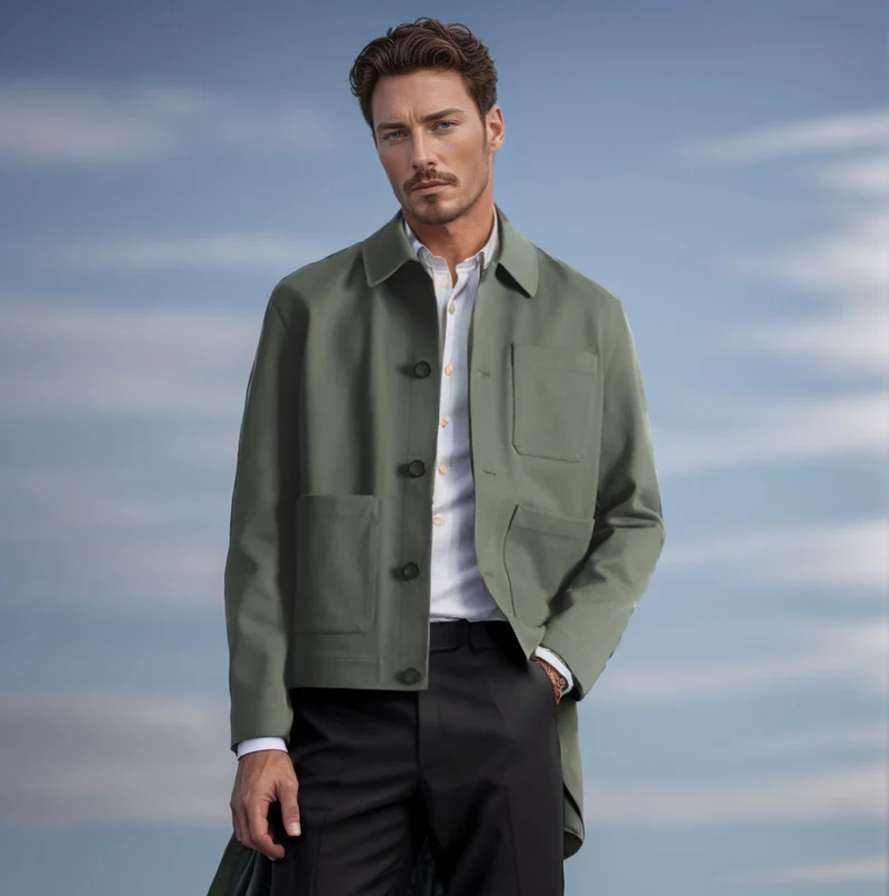 Herren Kurz‑Chorecoat mit Hemdkragen, aufgesetzten Taschen und minimalistischer Knopfleiste Nord Taschen