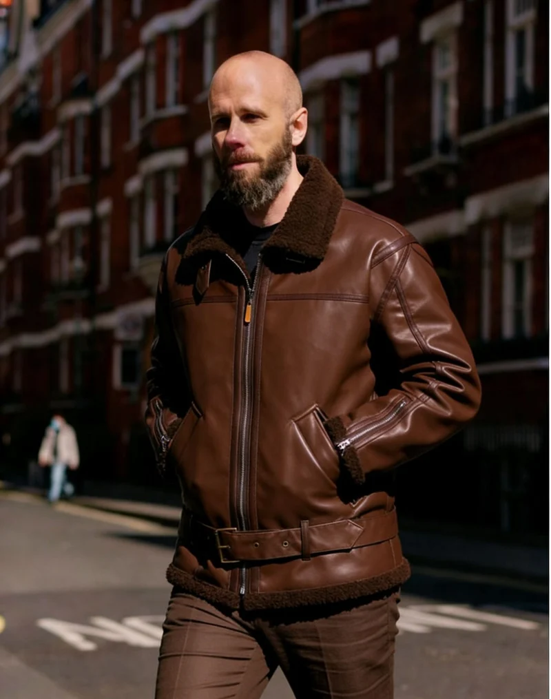 Herren Kunstleder-Fliegerjacke mit Teddyfutter, Reißverschlüssen und Stehkragen Nord Taschen