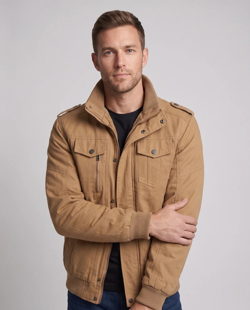 Herren gepolsterte Feldjacke im Pilotstil mit Sherpa-Futter und Stehkragen Nord Taschen