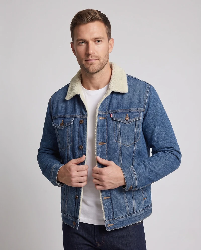 Herren gefütterte Denim-Jacke mit Sherpa-Futter und Hemdkragen Nord Taschen
