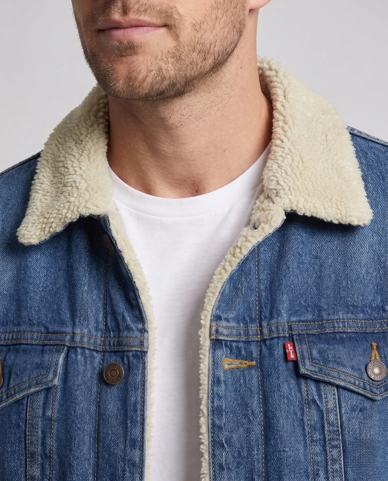 Herren gefütterte Denim-Jacke mit Sherpa-Futter und Hemdkragen Nord Taschen