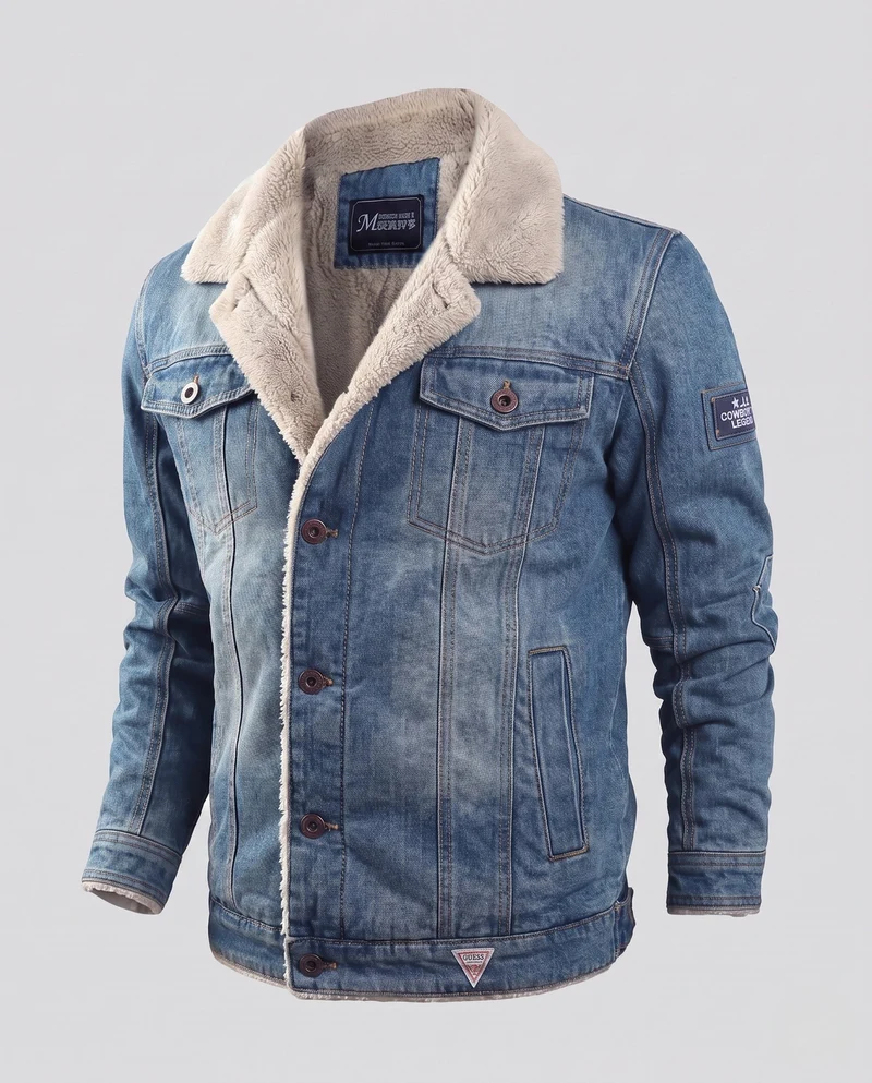 Herren gefütterte Denim-Jacke mit Sherpa-Futter und Hemdkragen Nord Taschen