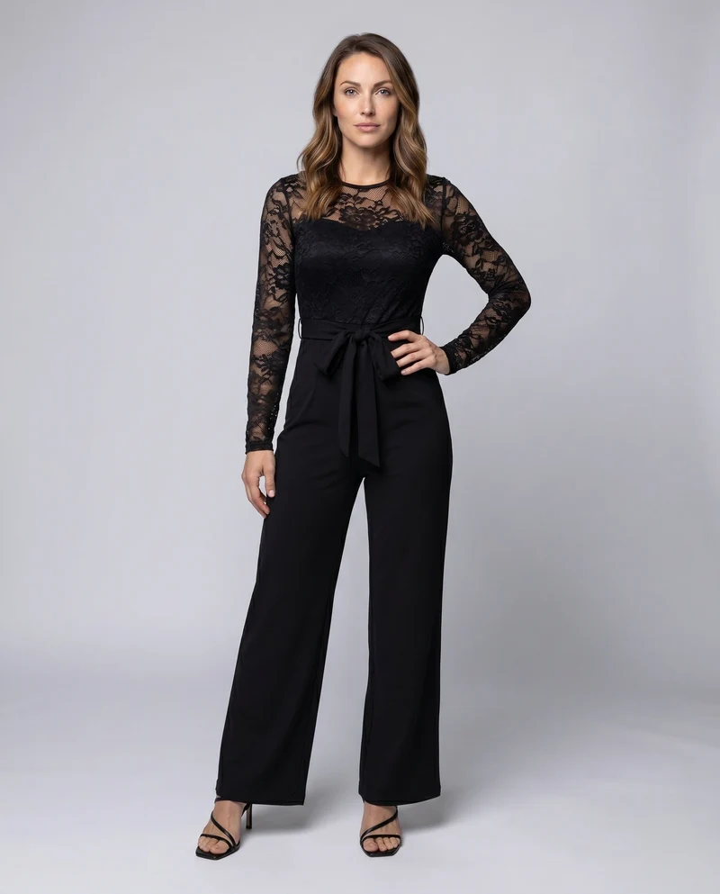 Damen Eleganter Jumpsuit mit Spitzenoberteil und tailliertem Bund