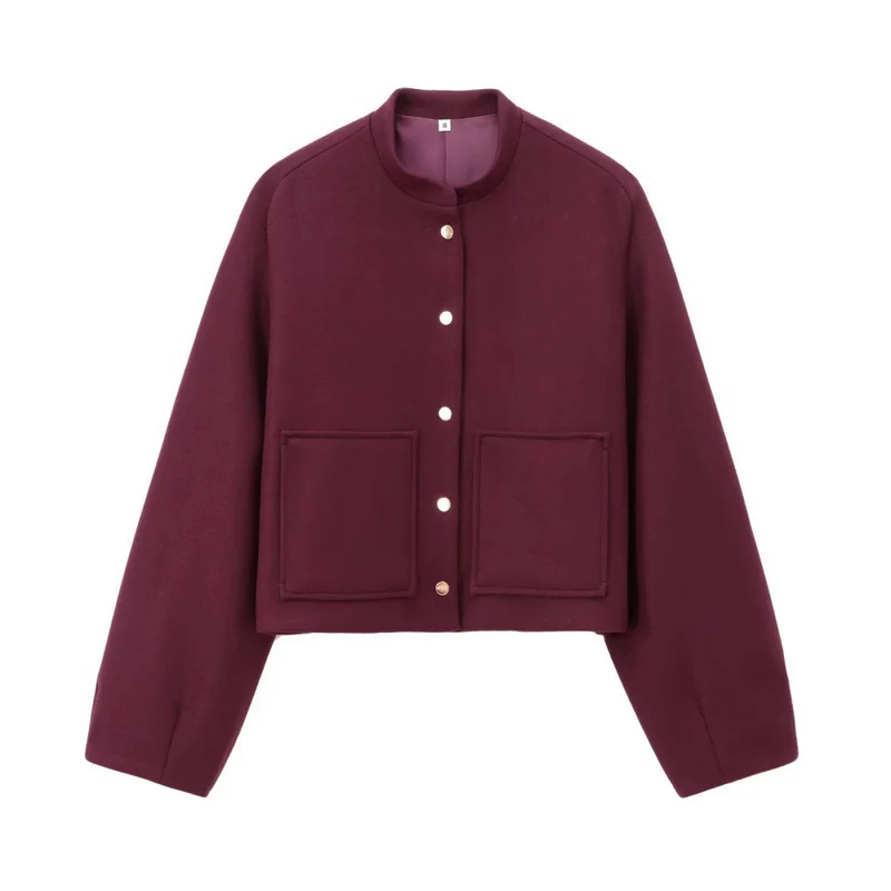 Damen Cropped Wollboxy‑Jacke mit kurzem Stehkragen und aufgesetzten Taschen Nord Taschen