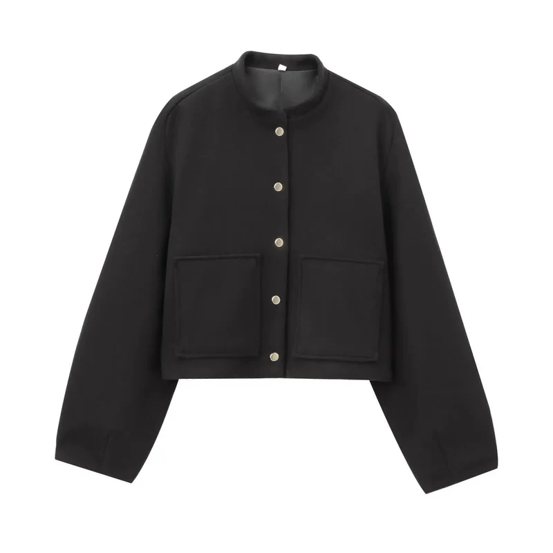 Damen Cropped Wollboxy‑Jacke mit kurzem Stehkragen und aufgesetzten Taschen Nord Taschen
