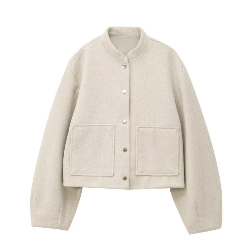 Damen Cropped Wollboxy‑Jacke mit kurzem Stehkragen und aufgesetzten Taschen Nord Taschen