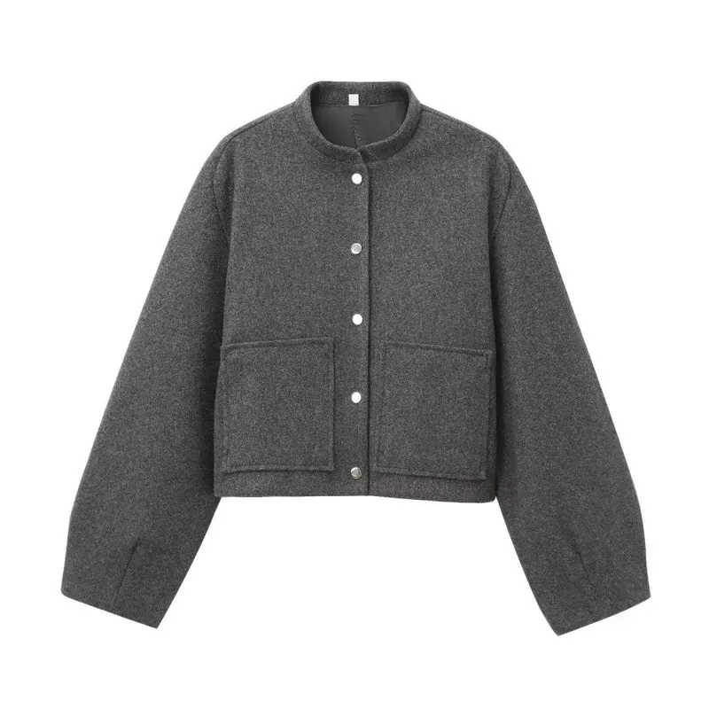 Damen Cropped Wollboxy‑Jacke mit kurzem Stehkragen und aufgesetzten Taschen Nord Taschen