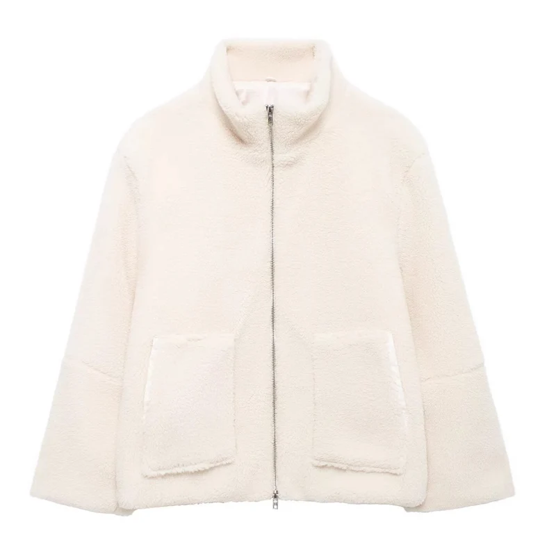 Damen Boxy-Teddyfleece-Jacke mit Stehkragen, Zwei-Wege-Reißverschluss und aufgesetzten Taschen Nord Taschen