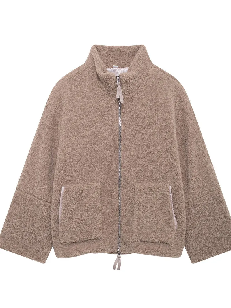 Damen Boxy-Teddyfleece-Jacke mit Stehkragen, Zwei-Wege-Reißverschluss und aufgesetzten Taschen Nord Taschen