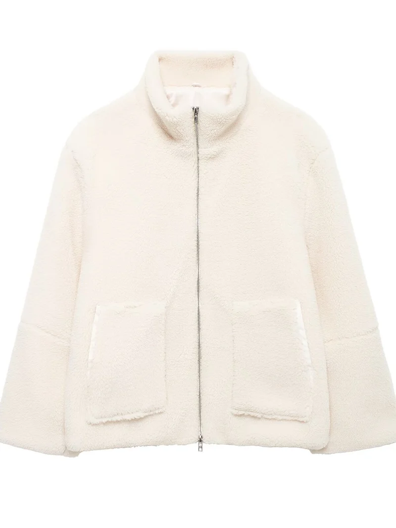 Damen Boxy-Teddyfleece-Jacke mit Stehkragen, Zwei-Wege-Reißverschluss und aufgesetzten Taschen Nord Taschen