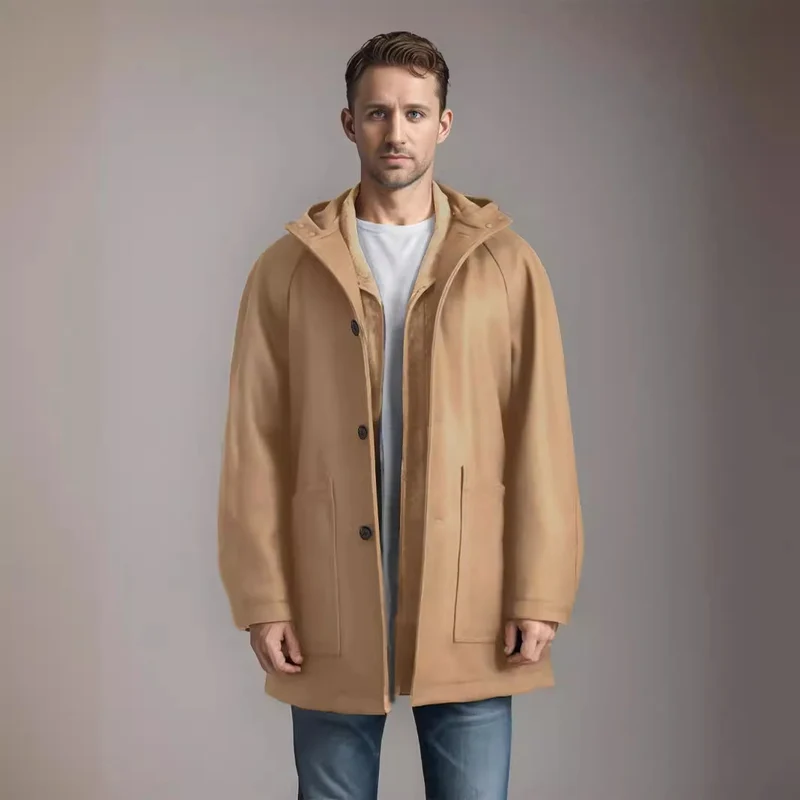 Herren Kapuzenmantel aus Wollmix mit gerader Silhouette, verdeckter Knopfleiste und großen Aufgesetzten Taschen Nord Taschen