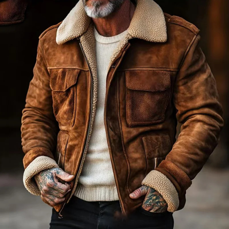 Herren Fliegerjacke aus Veloursleder mit Teddyfutter und aufgesetzten Pattentaschen Nord Taschen
