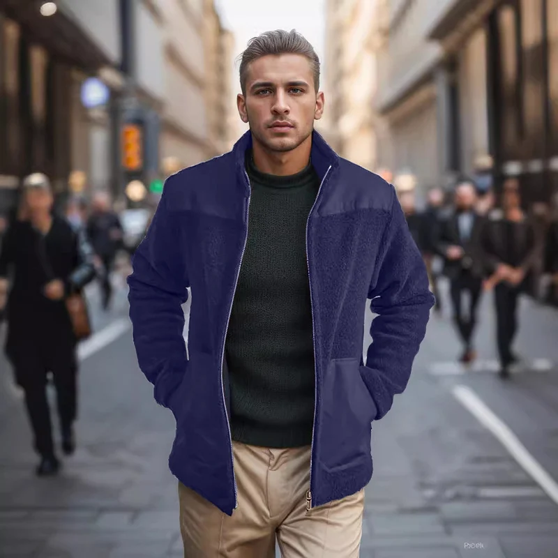 Herren Fleece-Bomberjacke mit Stehkragen, Kontrastpasse und Reißverschluss Nord Taschen