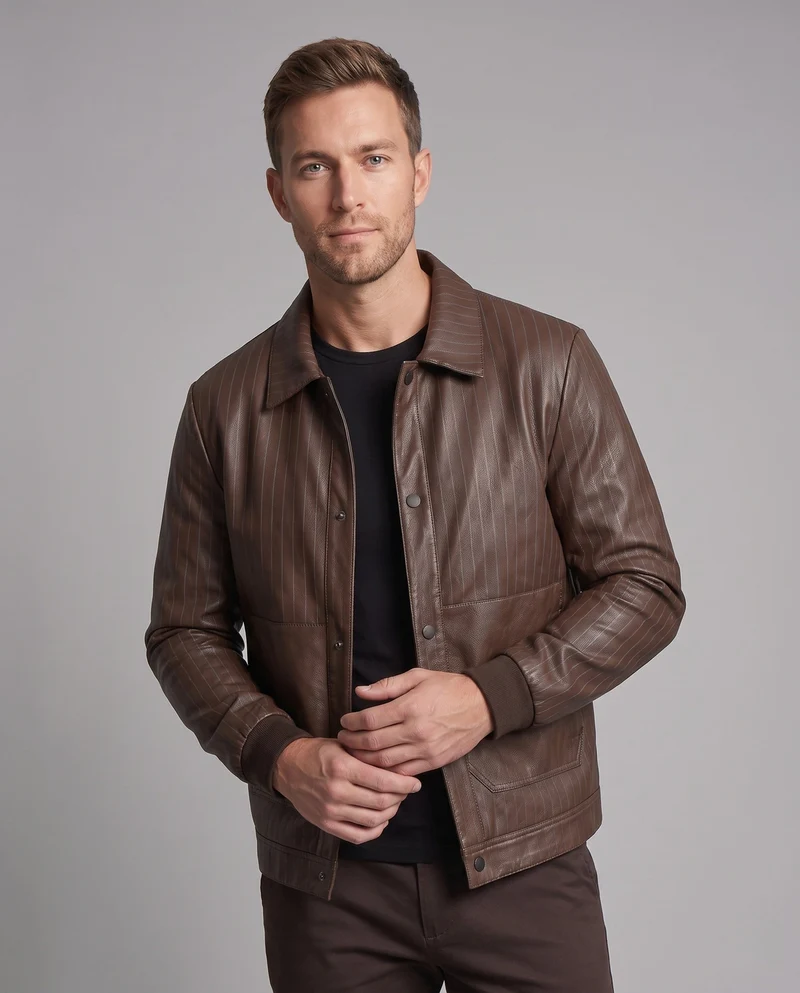 Herren Kunstleder Blouson mit Nadelstreifen, Druckknopfverschluss und gerippten Bündchen Nord Taschen