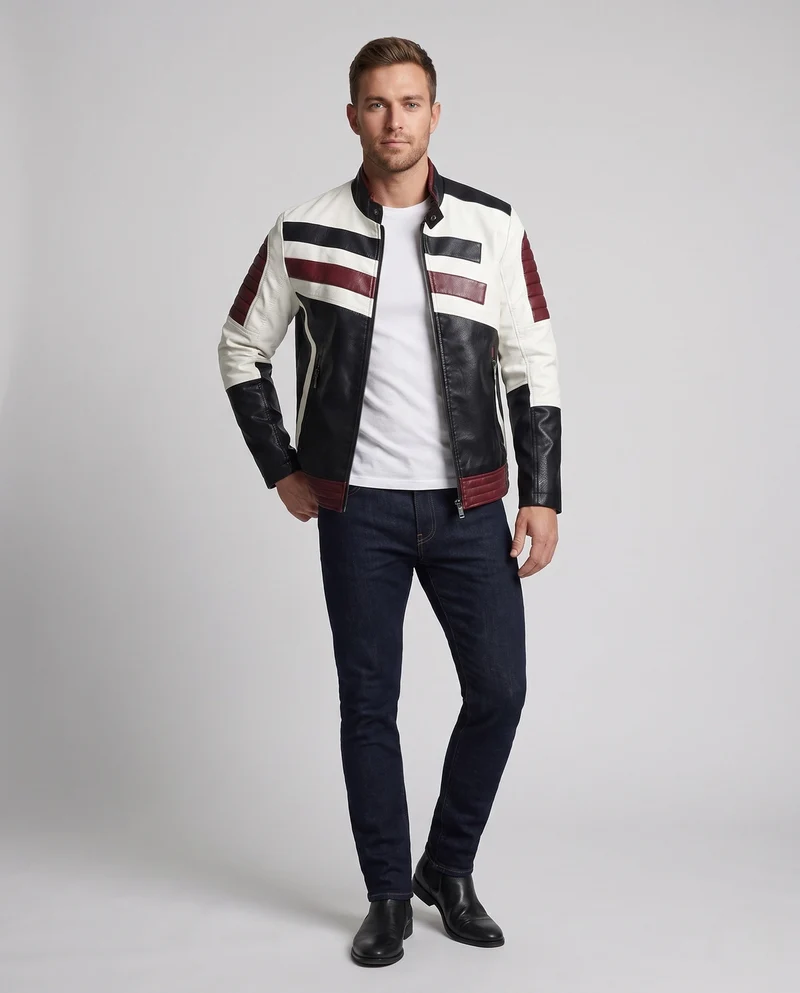 Männermotorradjacke aus Lederlook mit Farbblockdesign, gesteppter Ärmel- und Saumabschluss Nord Taschen