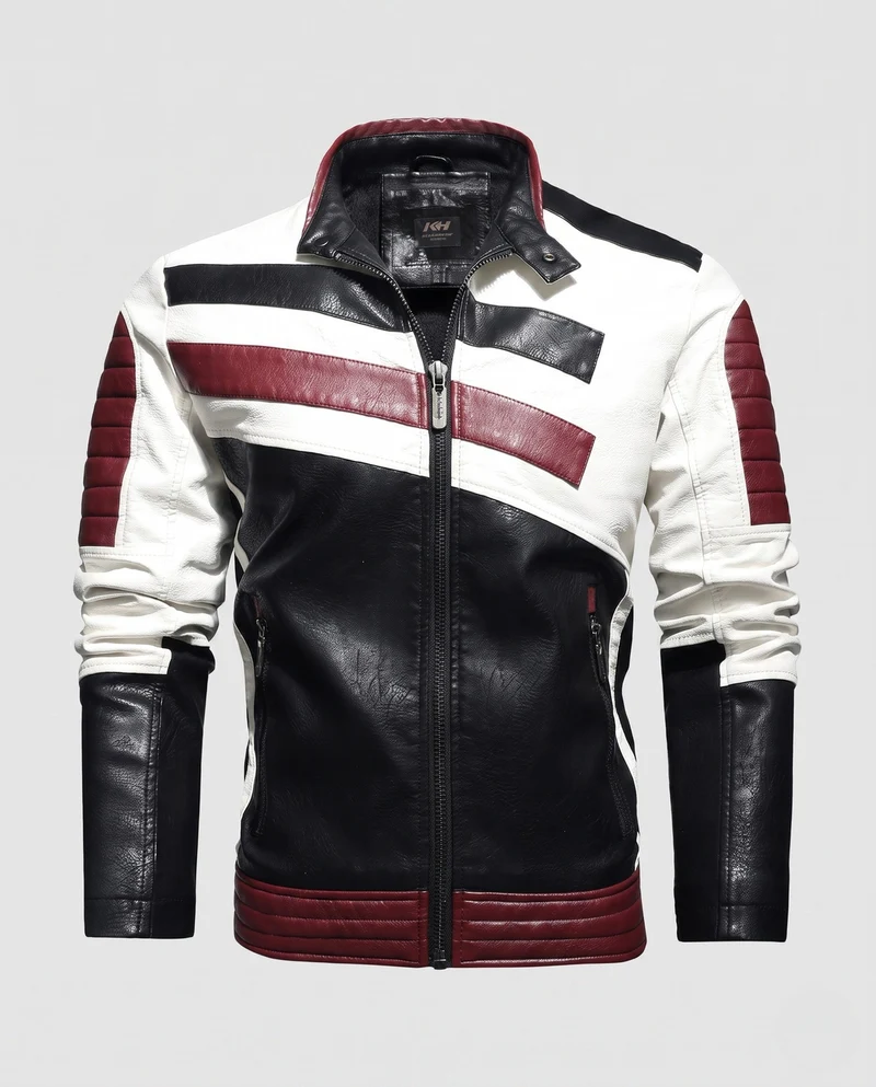 Männermotorradjacke aus Lederlook mit Farbblockdesign, gesteppter Ärmel- und Saumabschluss Nord Taschen
