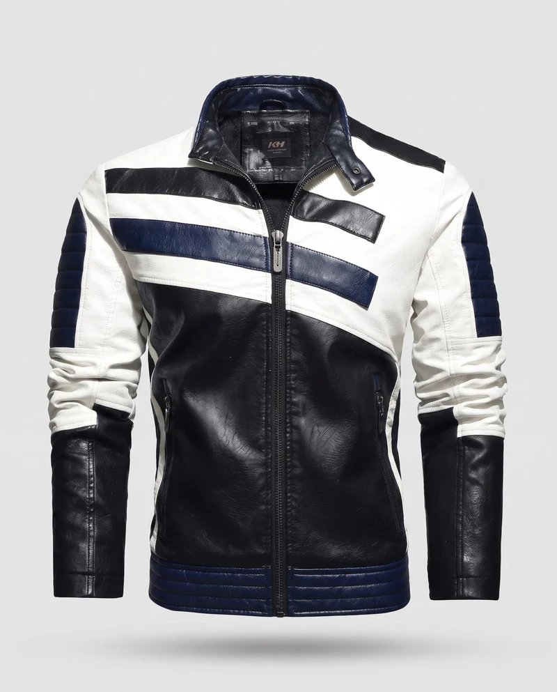 Männermotorradjacke aus Lederlook mit Farbblockdesign, gesteppter Ärmel- und Saumabschluss Nord Taschen