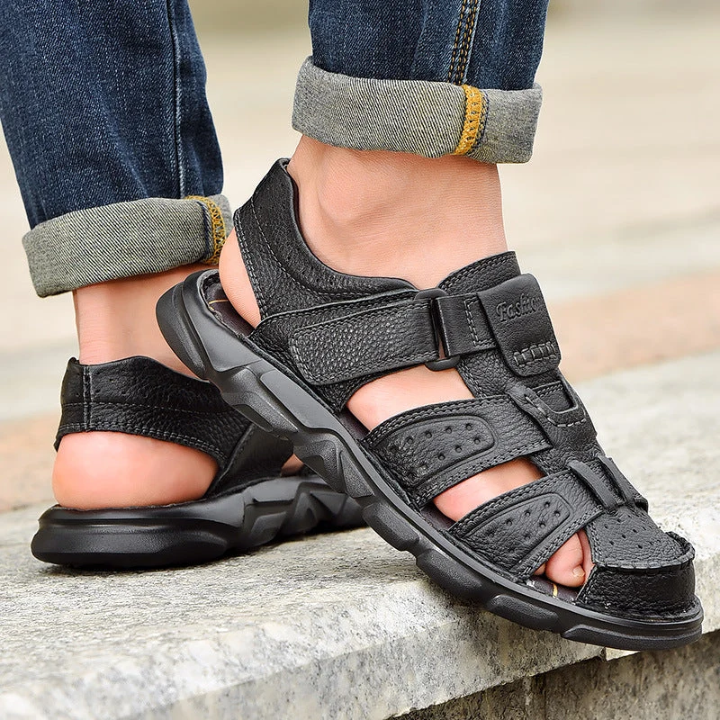 Herren Ledersandalen mit verstellbarem Klettverschluss und rutschfester Sohle
