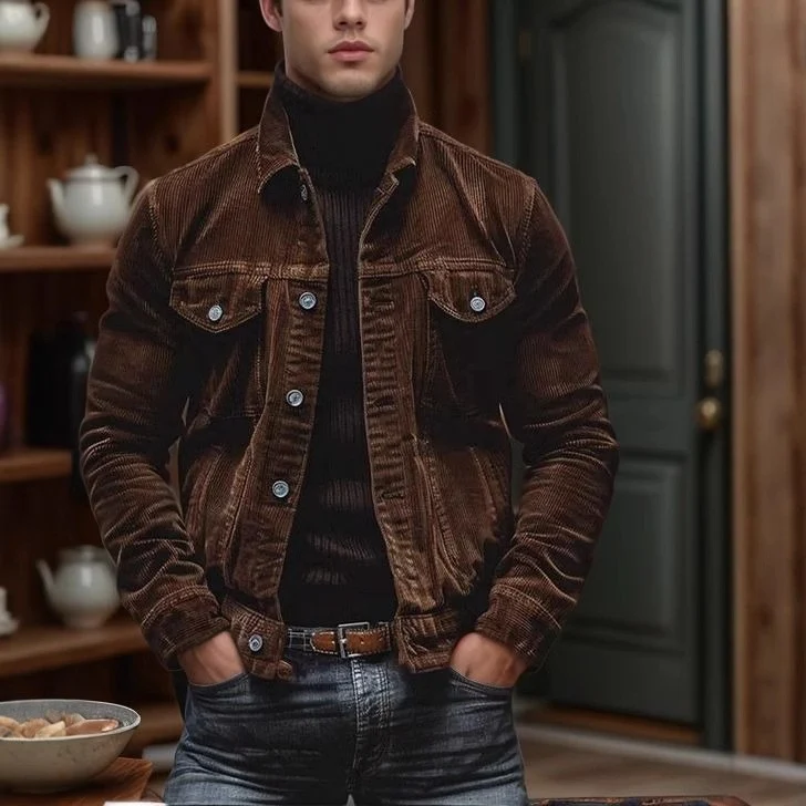 Herren Feincord-Truckerjacke mit Brustpattentaschen und taillierter Silhouette Nord Taschen