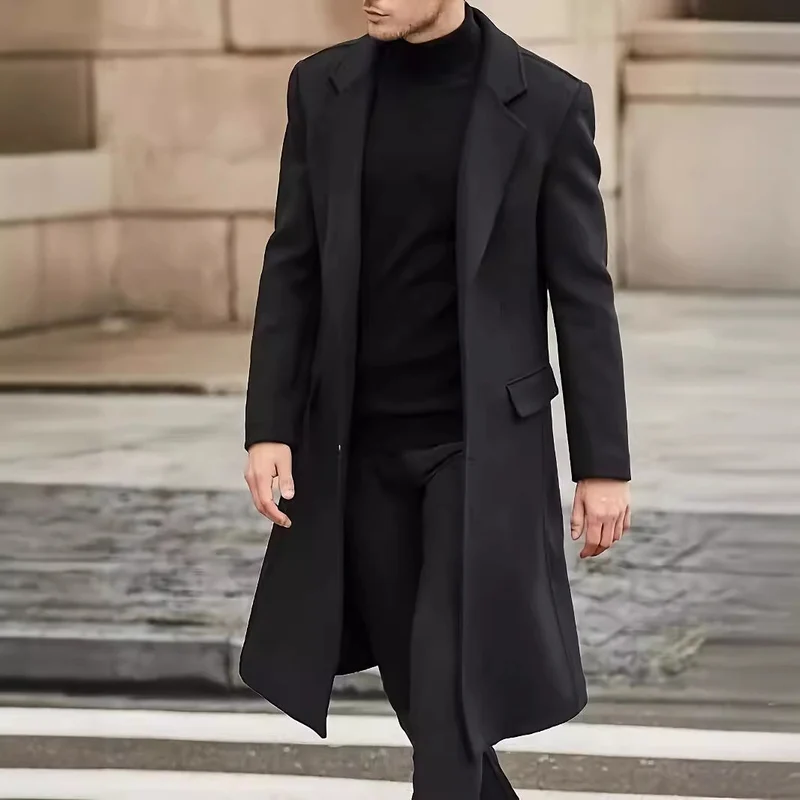 Herren Eleganter langer Wollmixmantel mit schlanker Silhouette und klassischem Revers Nord Taschen