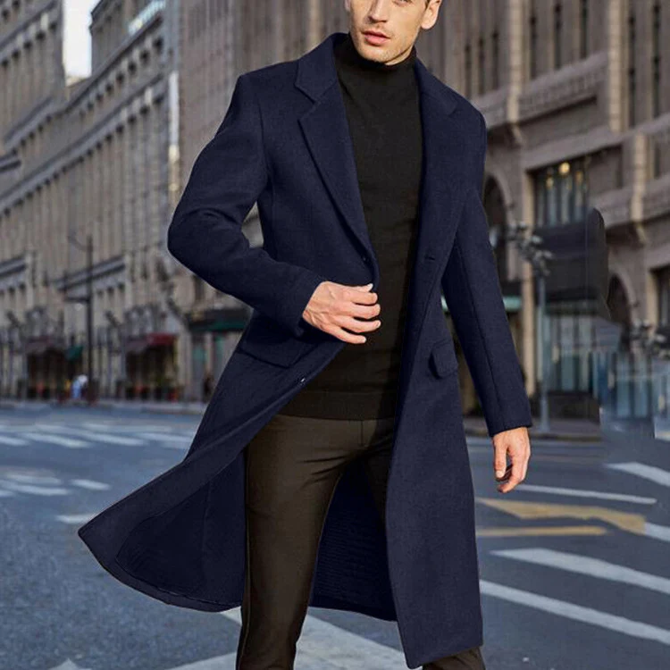 Herren Eleganter langer Wollmixmantel mit schlanker Silhouette und klassischem Revers Nord Taschen