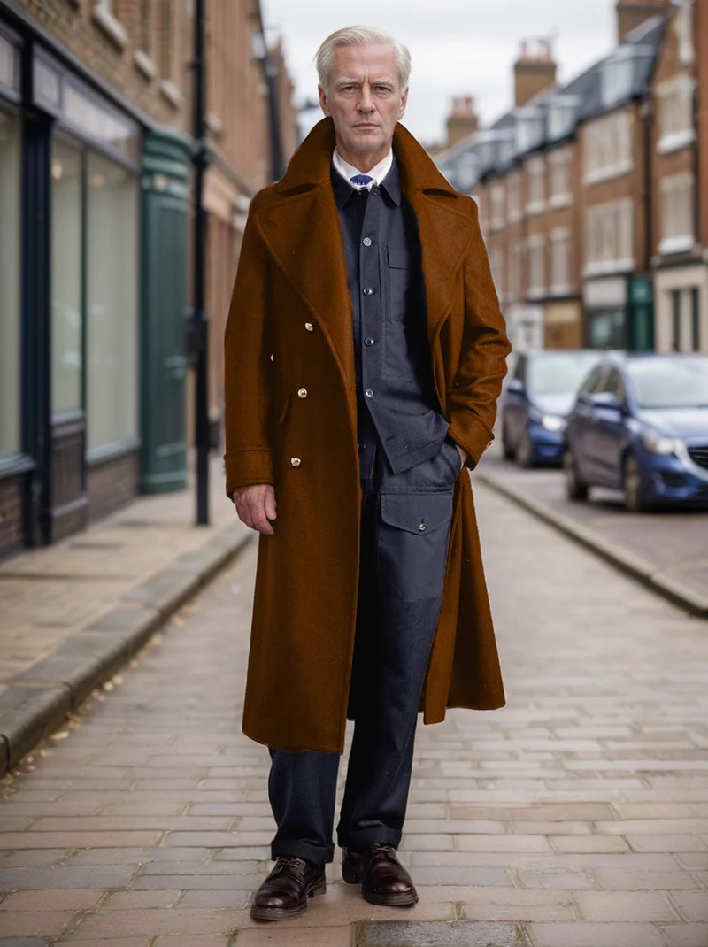 Herren Eleganter Doppelreihiger Wollmantel mit weitem Revers Nord Taschen