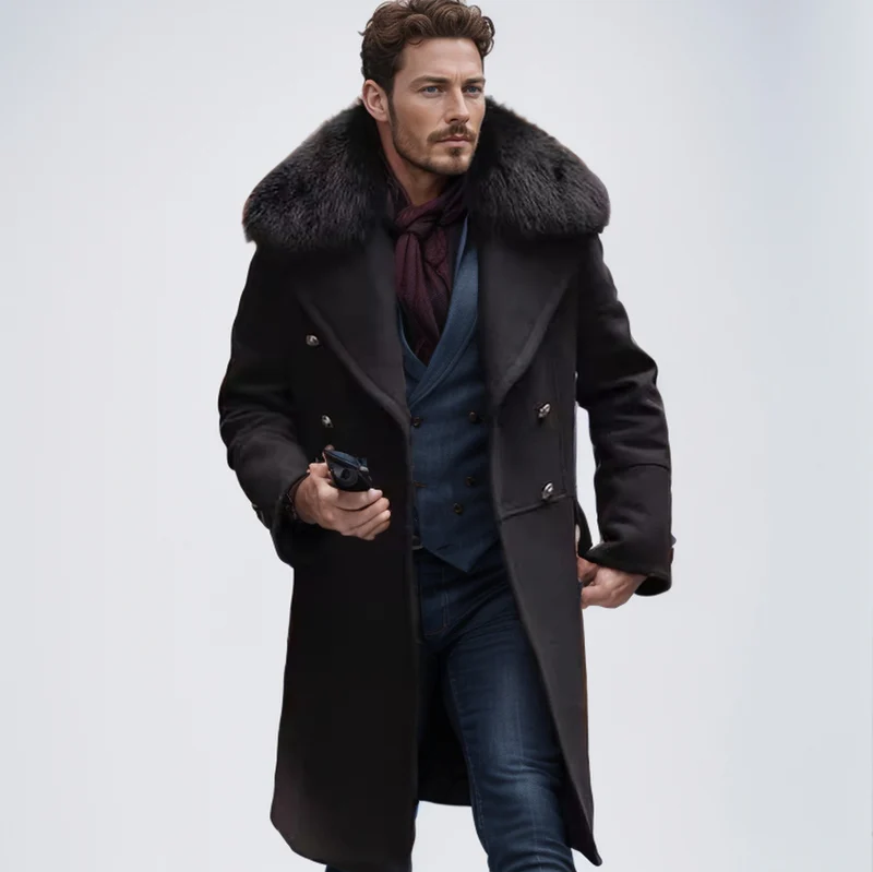 Herren Doppelreihiger Wollübermantel mit voluminösem Schafsfellkragen und goldenen Zierknöpfen Nord Taschen