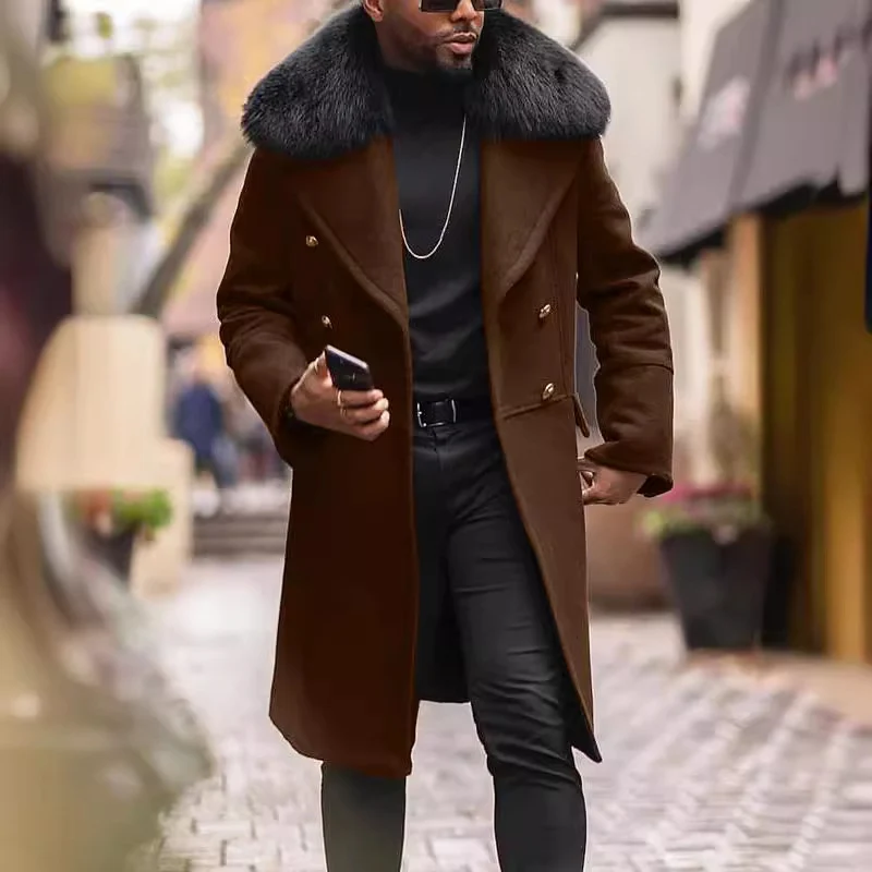 Herren Doppelreihiger Wollübermantel mit voluminösem Schafsfellkragen und goldenen Zierknöpfen Nord Taschen