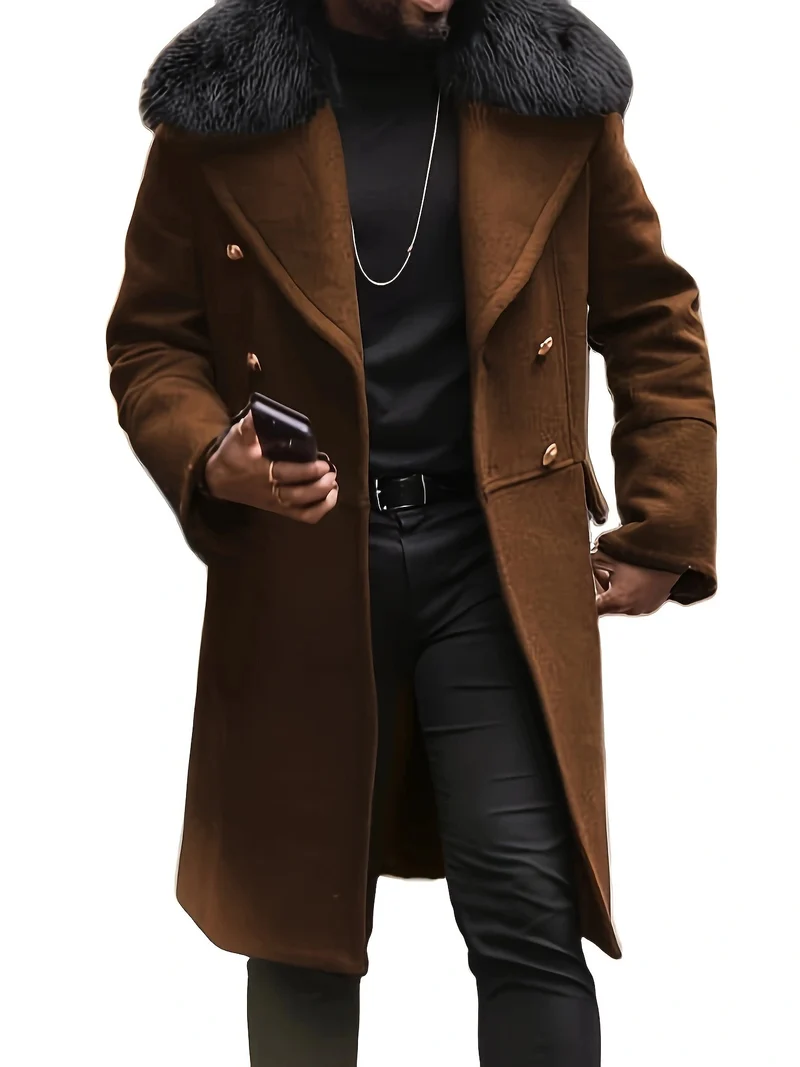 Herren Doppelreihiger Wollübermantel mit voluminösem Schafsfellkragen und goldenen Zierknöpfen Nord Taschen