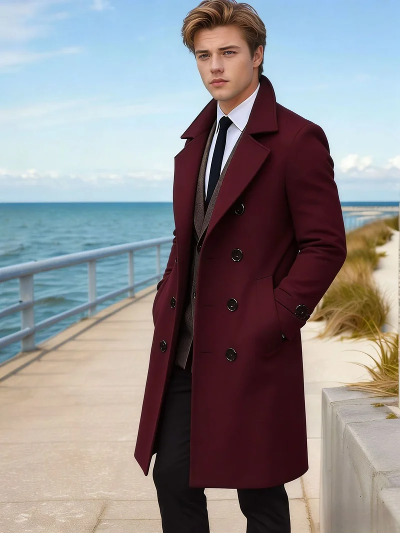 Herren Doppelreihiger Wollmantel mit breitem Revers und taillierter Silhouette Nord Taschen