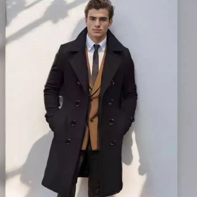 Herren Doppelreihiger Wollmantel mit breitem Revers und taillierter Silhouette Nord Taschen