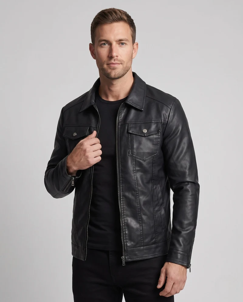 Herren Fitted Kunstlederjacke mit thermischem Futter und Brustklappen-Taschen Nord Taschen