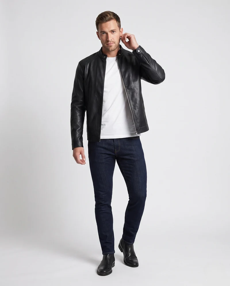 Herren Fitted Faux-Lederjacke mit Stehkragen und thermischer Fütterung Nord Taschen