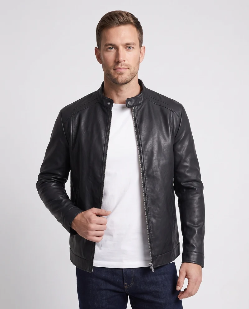 Herren Fitted Faux-Lederjacke mit Stehkragen und thermischer Fütterung Nord Taschen