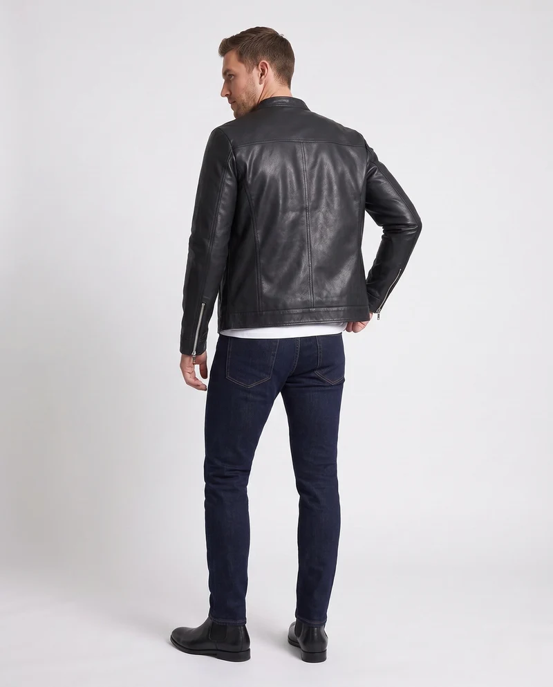 Herren Fitted Faux-Lederjacke mit Stehkragen und thermischer Fütterung Nord Taschen