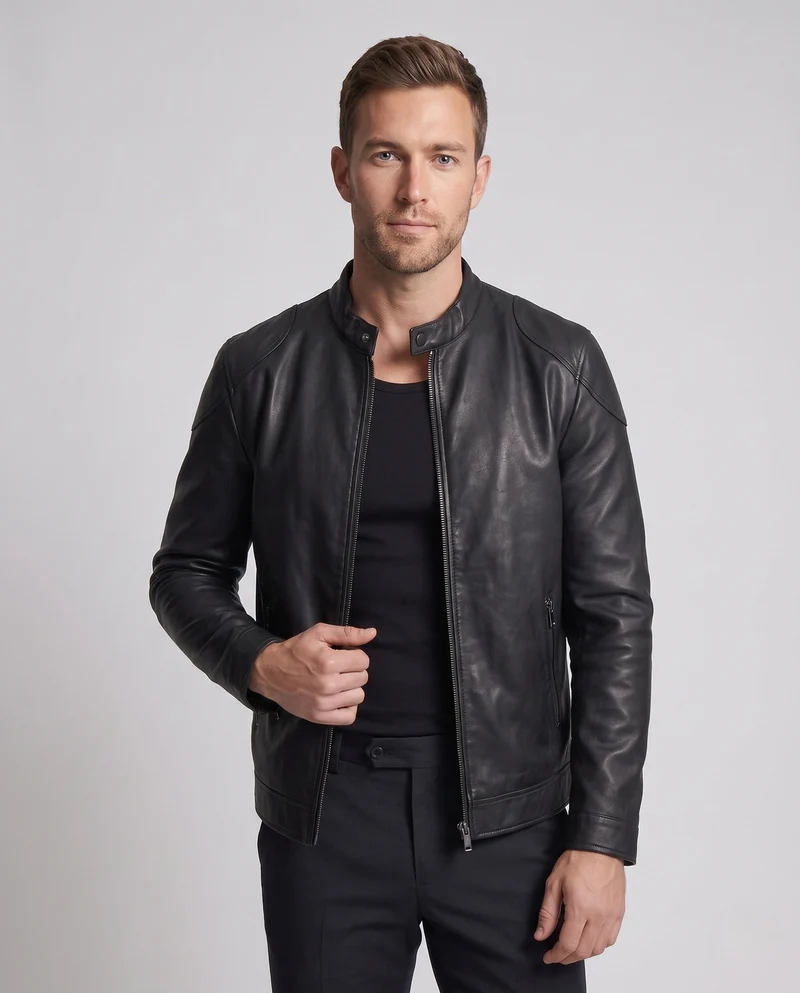 Herren maßgeschneiderte Kunstlederjacke im Biker Blouson Stil mit Stehkragen und Reißverschluss Nord Taschen