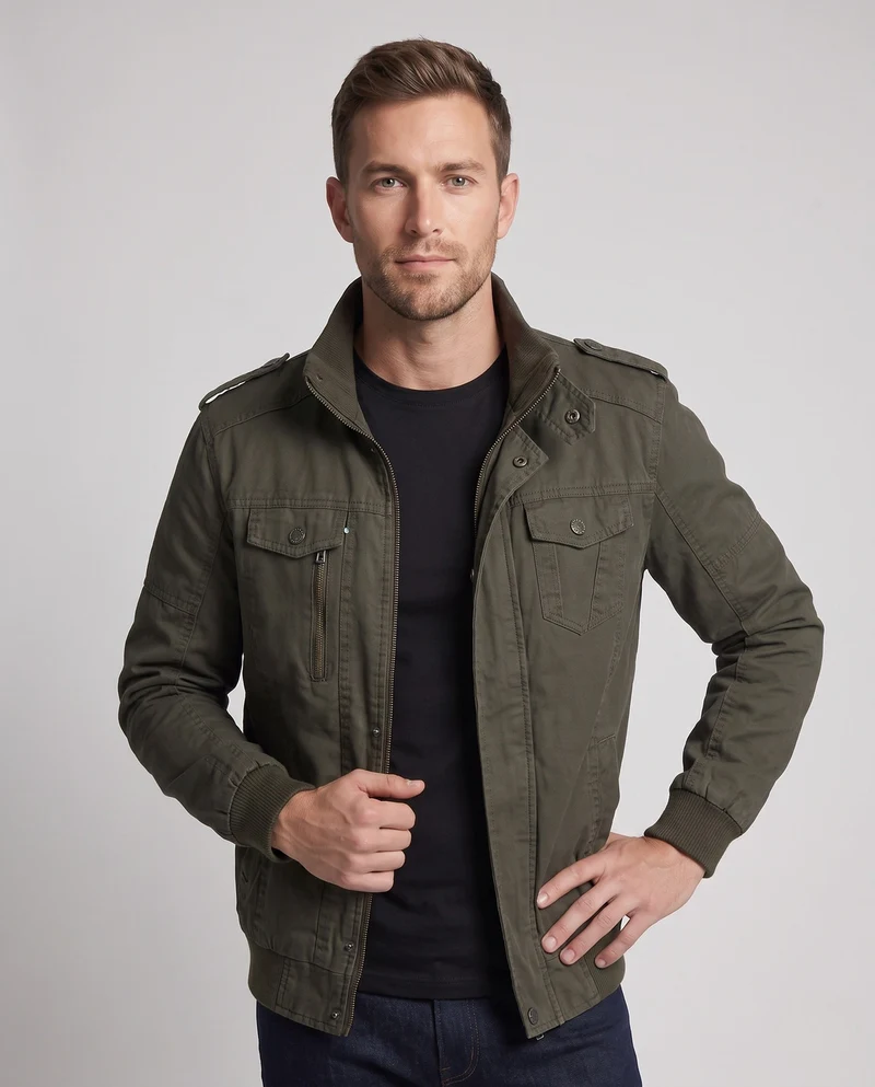 Männermilitärfeldjacke im Canvas-Stil mit Stehkragen und Multifunktionstaschen Nord Taschen