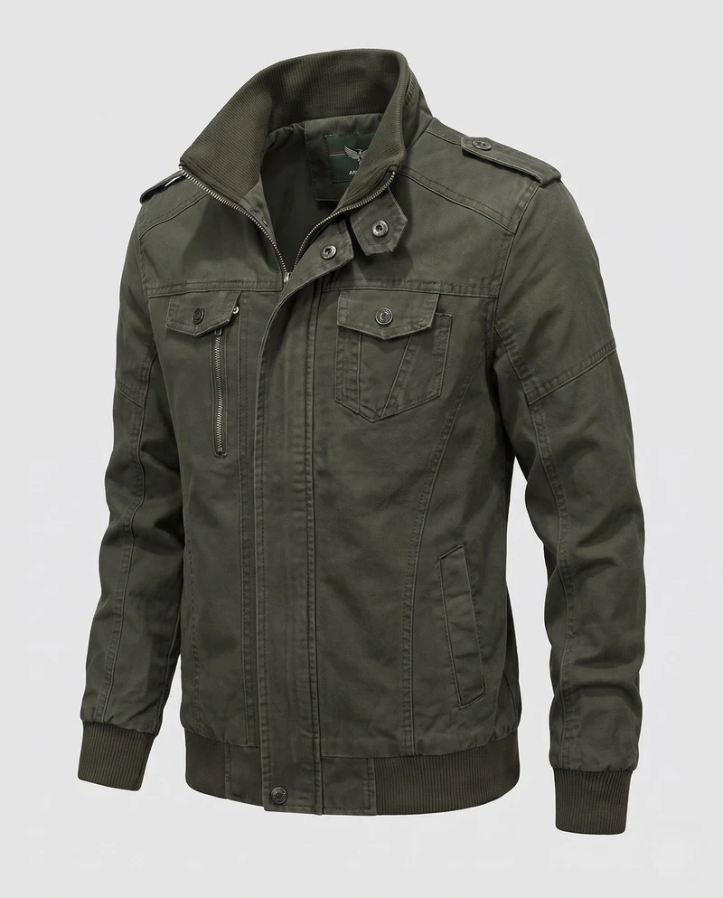 Männermilitärfeldjacke im Canvas-Stil mit Stehkragen und Multifunktionstaschen Nord Taschen