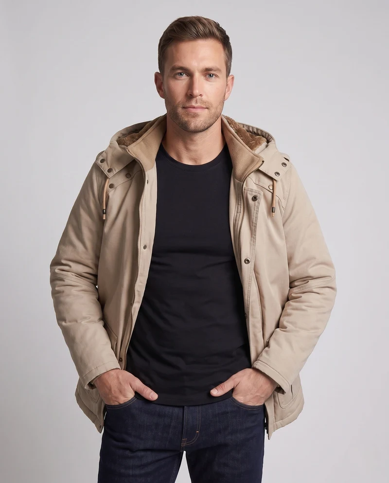 Herren-Feldparka im Canvas-Look mit wärmendem Teddy-Fleece-Futter und Utility-Taschen Nord Taschen