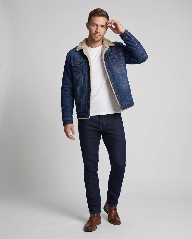 Herren Denim-Truckerjacke mit Teddy-Futter, klassischem Hemdkragen und Knopfleiste Nord Taschen