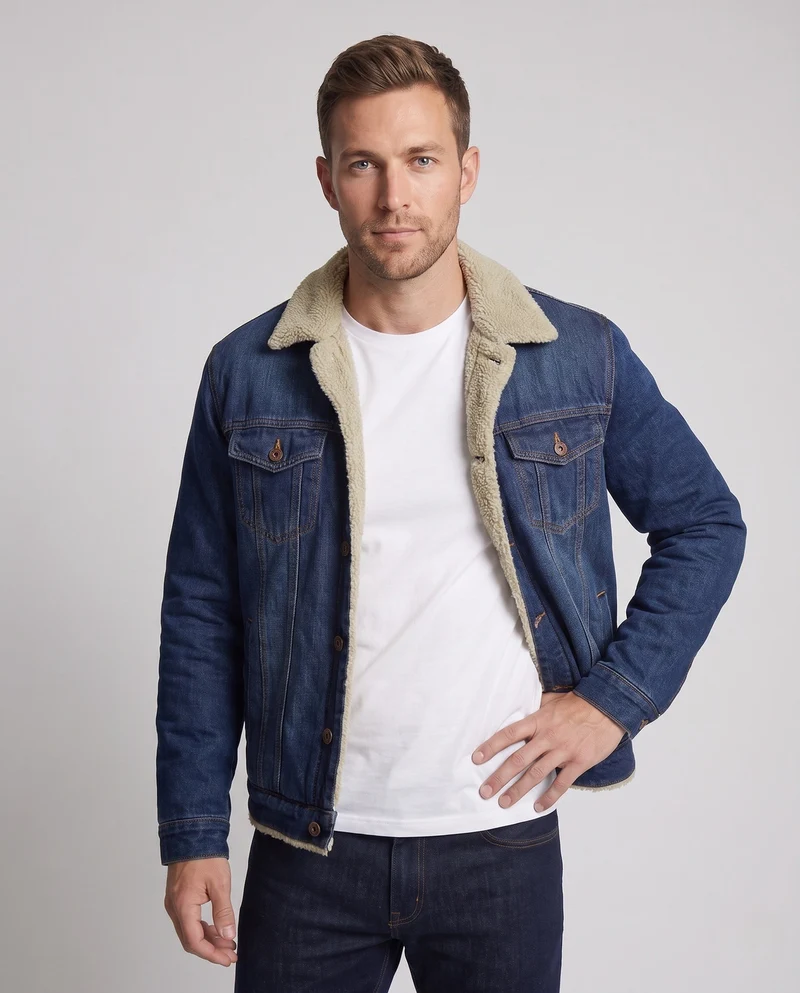 Herren Denim-Truckerjacke mit Teddy-Futter, klassischem Hemdkragen und Knopfleiste Nord Taschen