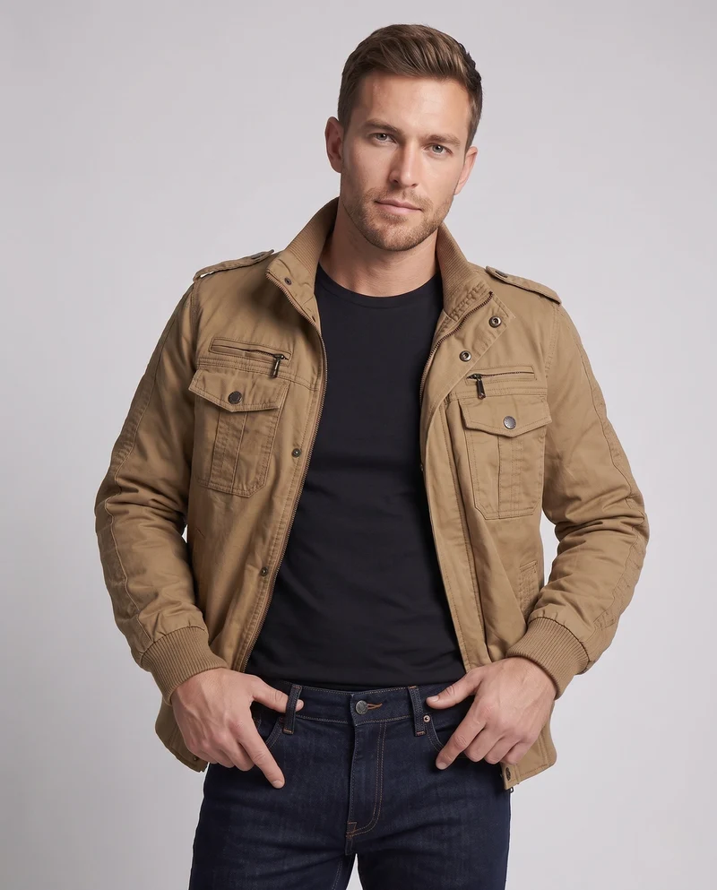 Herren Short-Cut Canvas Blouson mit Stehkragen und Multifunktions Taschen Nord Taschen